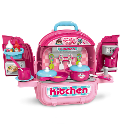 Set ghiozdan jucarie 3 in 1 Rovo 991, Bucatarie, Apartament Fetita, 86 piese, Roz [3]