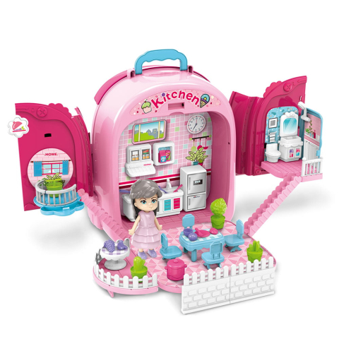Set ghiozdan jucarie 3 in 1 Rovo 991, Bucatarie, Apartament Fetita, 86 piese, Roz [1]