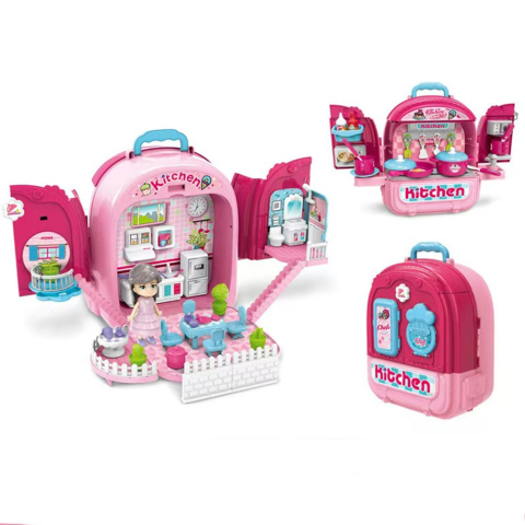 Jucarii copii - Set ghiozdan jucarie 3 in 1 Rovo 991, Bucatarie, Apartament Fetita, 86 piese, Roz
