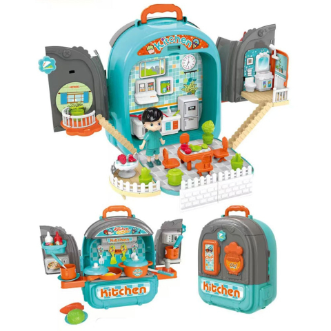 Jucarii copii - Set ghiozdan jucarie 3 in 1 Rovo 996, Bucatarie, Apartament Baietel, 86 piese, Albastru