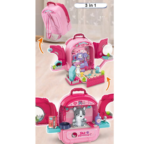 Set ghiozdan jucarie 3 in 1 Rovo 997-1, Spital Catel, Veterinar, 59 piese - Roz [6]