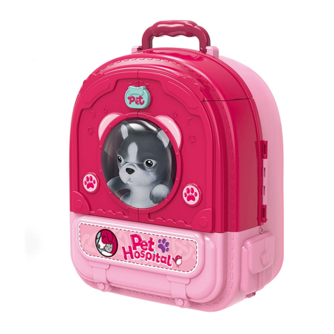 Set ghiozdan jucarie 3 in 1 Rovo 997-1, Spital Catel, Veterinar, 59 piese - Roz [3]