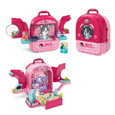 Jucarii copii - Set ghiozdan jucarie 3 in 1 Rovo 997-1, Spital Catel, Veterinar, 59 piese - Roz