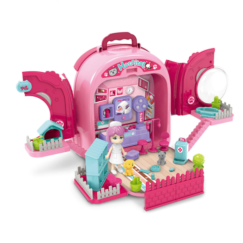 Set ghiozdan jucarie 3 in 1 Rovo 997-1, Spital Catel, Veterinar, 59 piese - Roz [1]