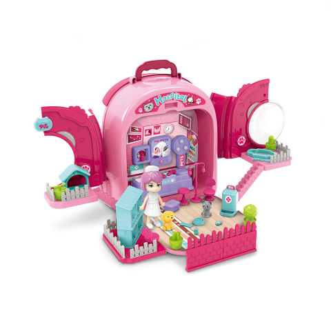 Set ghiozdan jucarie 3 in 1 Rovo 997-2, Spital Pisica, Veterinar, 59 piese - Roz [5]