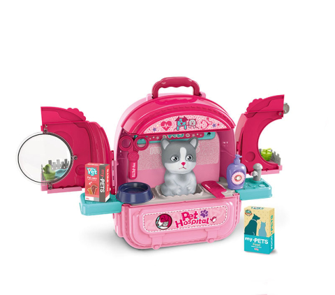 Set ghiozdan jucarie 3 in 1 Rovo 997-2, Spital Pisica, Veterinar, 59 piese - Roz [6]