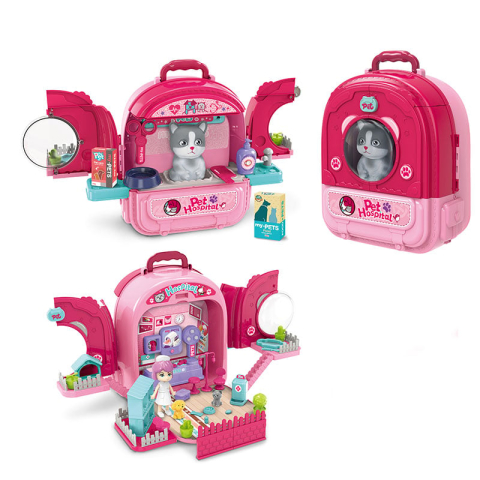 Jucarii copii - Set ghiozdan jucarie 3 in 1 Rovo 997-2, Spital Pisica, Veterinar, 59 piese - Roz
