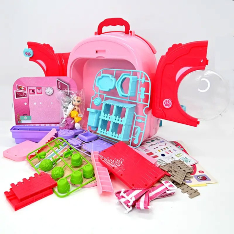 Set ghiozdan jucarie 3 in 1 Rovo 997-2, Spital Pisica, Veterinar, 59 piese - Roz [1]