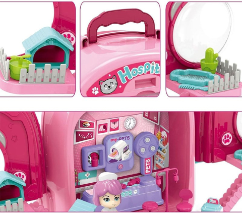 Set ghiozdan jucarie 3 in 1 Rovo 997-2, Spital Pisica, Veterinar, 59 piese - Roz [3]