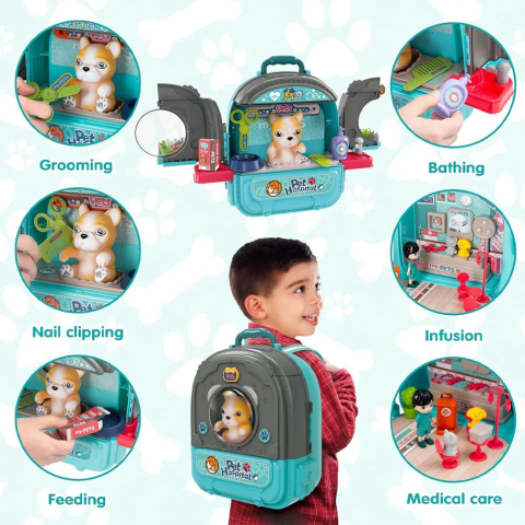 Set ghiozdan jucarie 3 in 1 Rovo 998-1, Spital Catel, Veterinar, 59 piese - Albastru [2]