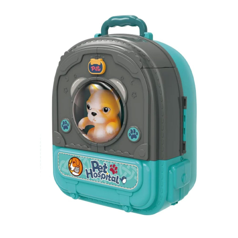 Set ghiozdan jucarie 3 in 1 Rovo 998-1, Spital Catel, Veterinar, 59 piese - Albastru [4]