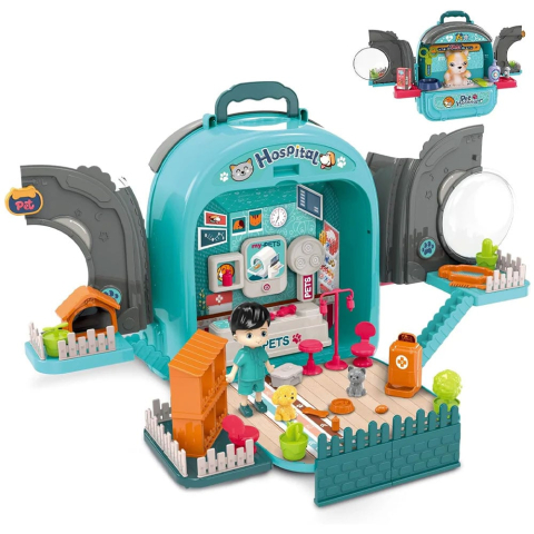 Set ghiozdan jucarie 3 in 1 Rovo 998-1, Spital Catel, Veterinar, 59 piese - Albastru [1]