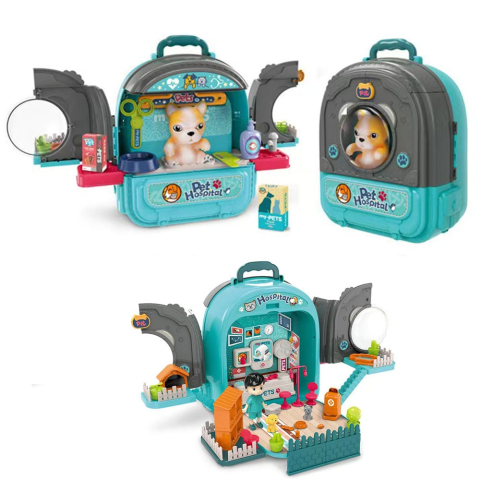 Jucarii copii - Set ghiozdan jucarie 3 in 1 Rovo 998-1, Spital Catel, Veterinar, 59 piese - Albastru