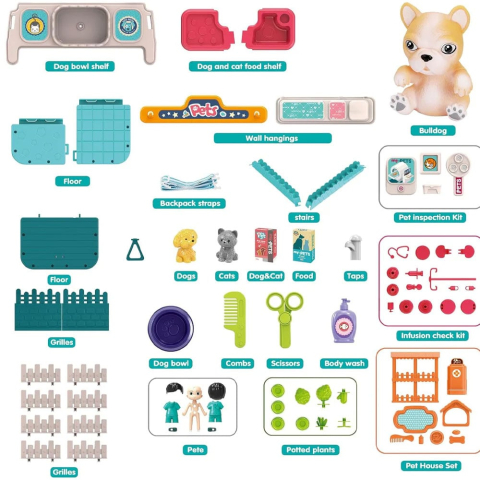 Set ghiozdan jucarie 3 in 1 Rovo 998-1, Spital Catel, Veterinar, 59 piese - Albastru [5]