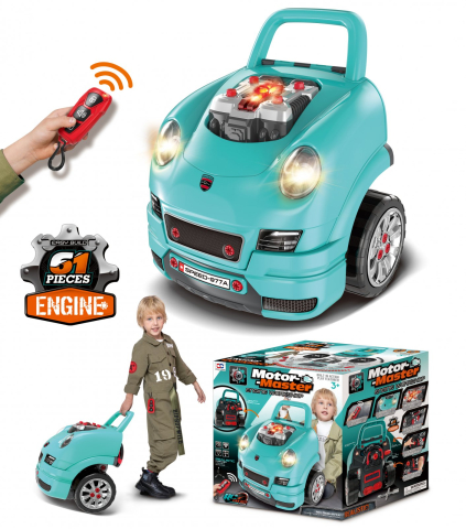 Jucarii copii - Set Reparatie Motor Auto Mecanic Rovo 977A, Sunete, Lumini, Telecomanda, Claxon, Schimbator viteze, 61 piese, 47cm