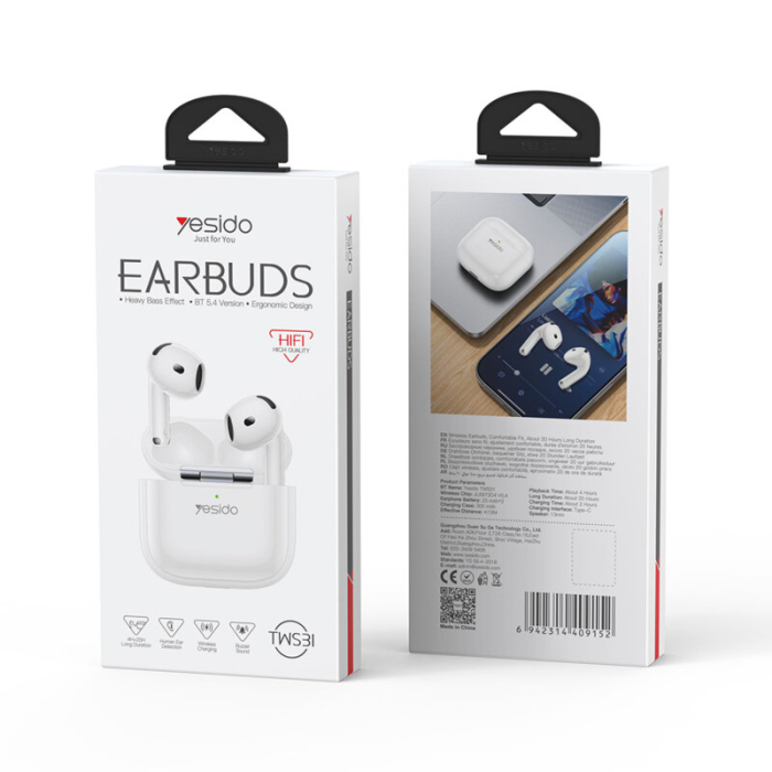 Casti airpod Bluetooth 5.4, half-in-ear Yesido TWS31, 300mAh, albe [5]