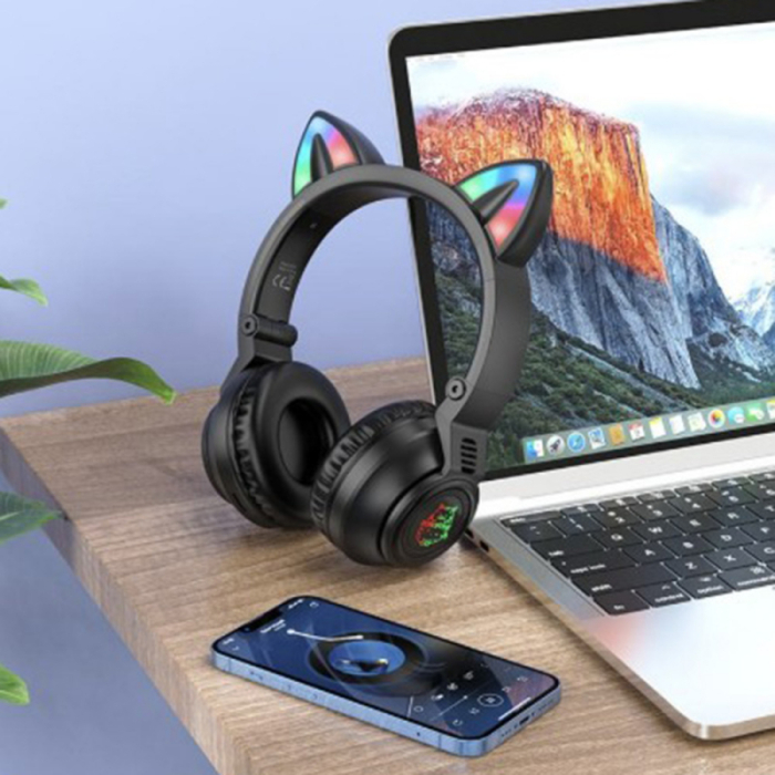 Casti Wireless/Cu fir Borofone BO18 Cat Ear, Microfon HD, Redare Bluetooth + Card SD + AUX 3.5 mm, Sunet Surround HiFi, 400 mAh, Autonomie 7 ore, Negru [3]