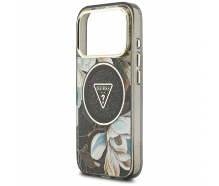 Husa MagSafe pentru Apple iPhone 17 Pro, Guess, IML Metal Glitter Flowers Triangle, Neagra [5]