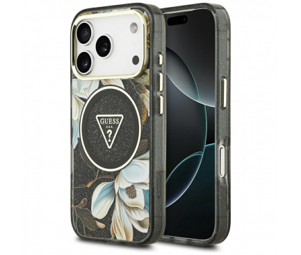 Husa MagSafe pentru Apple iPhone 17 Pro, Guess, IML Metal Glitter Flowers Triangle, Neagra [2]