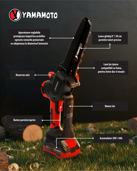 Mini drujba 8" pe acumulator cu 1 acumulator 20v/4Ah si incarcator YAMAMOTO YBS-84 5400 rot/min, Brushless [2]