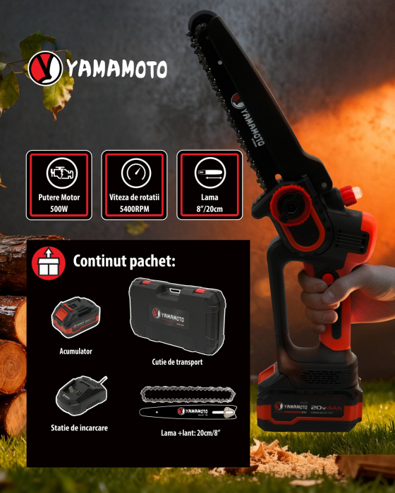 Mini drujba 8" pe acumulator cu 1 acumulator 20v/4Ah si incarcator YAMAMOTO YBS-84 5400 rot/min, Brushless [3]
