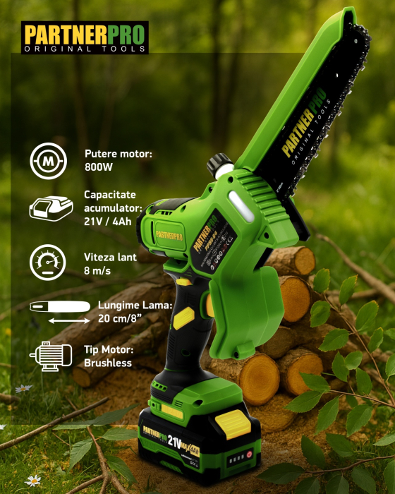 Mini Fierăstrău cu Lanț și Acumulator PPBS-84 PARTNERPRO, Brushless, 21V / 4Ah, Indicator sarcină [3]