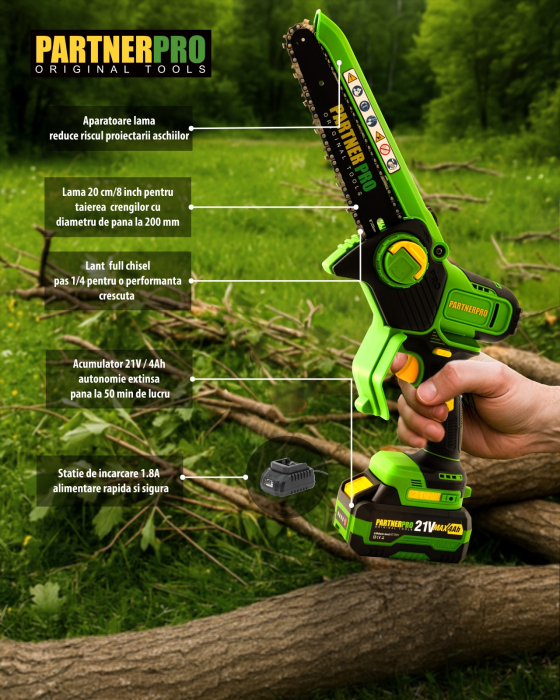Mini Fierăstrău cu Lanț și Acumulator PPBS-84 PARTNERPRO, Brushless, 21V / 4Ah, Indicator sarcină [2]