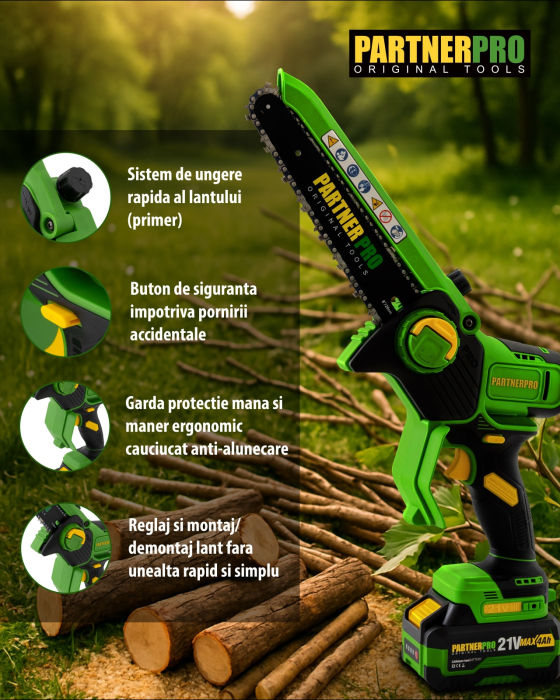 Mini Fierăstrău cu Lanț și Acumulator PPBS-84 PARTNERPRO, Brushless, 21V / 4Ah, Indicator sarcină [4]