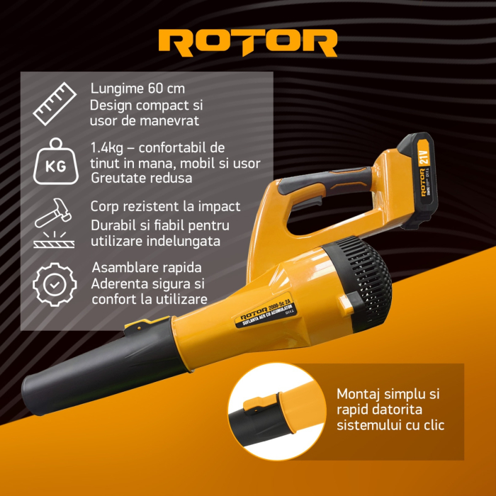 Suflantă aer pe acumulator ROTOR RS-2000 cu 1 acumulator 21V / 2Ah si incarcator ROTOR [4]