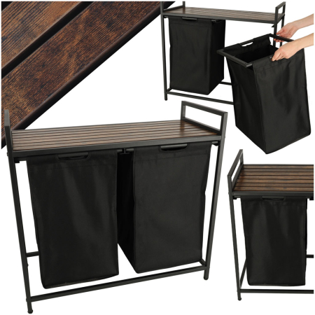 Accesorii Casa - Cos mare de rufe cu doua compartimente, cu raft si blat din lemn, model LOFT, culoare neagra