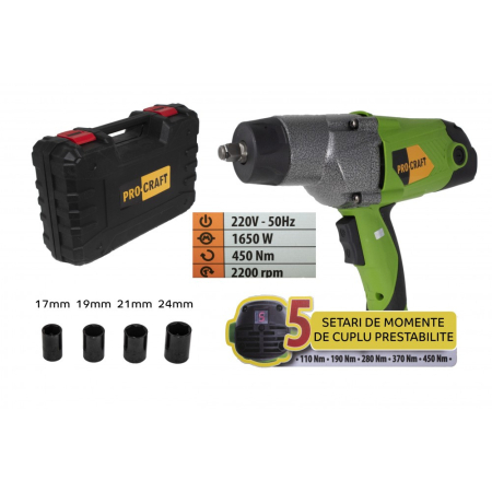 Pistoale Impact - ES1650 pistol electric cheie cu impact PROCRAFT, produsul contine timbru verde 2.5 Ron