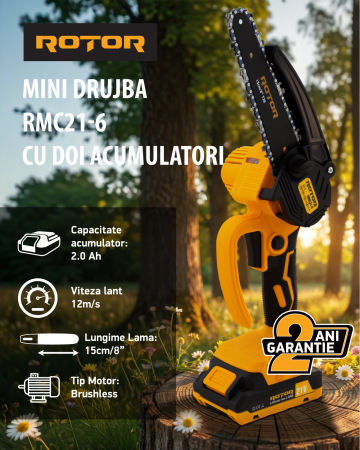 Mini Drujbe - Fierastrau cu lant si acumulator ROTOR RMC21-6, 12m/s, 21V / 2Ah