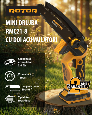 Mini Drujbe - Fierastrau cu lant si acumulator ROTOR RMC21-8, 21V / 2Ah, Brushless , Ungere lanț ,