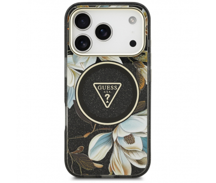 IPHONE - Husa MagSafe pentru Apple iPhone 17 Pro, Guess, IML Metal Glitter Flowers Triangle, Neagra