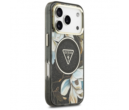 Husa MagSafe pentru Apple iPhone 17 Pro, Guess, IML Metal Glitter Flowers Triangle, Neagra [2]