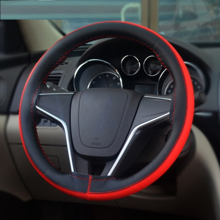 Huse Volan - Husa volan din PIELE NATURALA NEAGRA CU DUNGA ROSIE, pentru autoturisme, diametru 37 - 39 cm, cu ac si ata (se coase, aspect ORIGINAL)