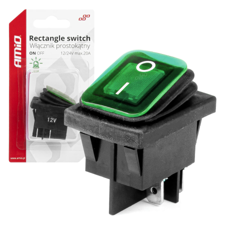 Intrerupatoare auto - Intrerupator On/Off, 12/24V, dreptunghiular, waterproof, iluminat culoare Verde, destinatie auto, utilitare, Off-Road, ATV, SSV, QUAD