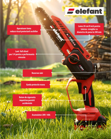 Mini fierăstrău cu lanț și acumulator ELEFANT EBS-104, 20V / 4Ah, Brushless [2]