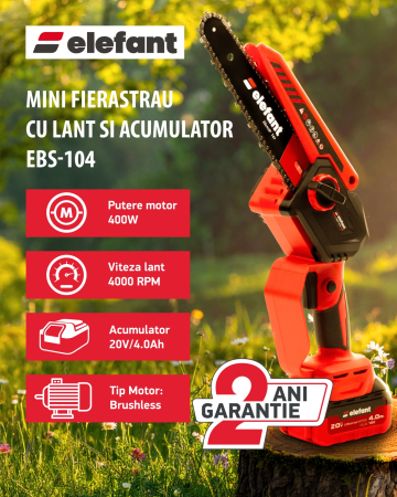 Mini Drujbe - Mini fierăstrău cu lanț și acumulator ELEFANT EBS-104, 20V / 4Ah, Brushless