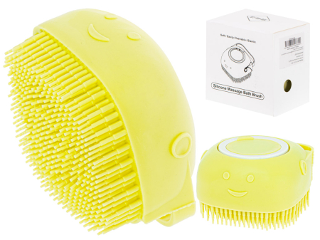 Ingrijire Animale - Perie din silicon cu dozator de sampon pentru spalare caini sau pisici, 7,5 x 7,5 cm, culoare galben