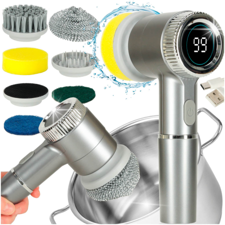 Accesorii Casa - Perie electrica "5-in-1" cu 5 accesorii de curatare pentru baie, podea, rosturi faianta, piscina, cu afisaj cu LED si incarcare USB