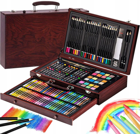 Birotica si Papetarie - Set 142 piese pentru pictura, pentru copii sau adulti, pixuri de colorat, creioane colorate si vopsele de pictura, cu geanta de transport din LEMN MASIV, model AVX-WT-INGRES142