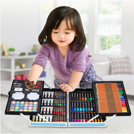 Birotica si Papetarie - Set 145 piese pentru pictura, pentru copii sau adulti, pixuri de colorat, creioane colorate si vopsele de pictura, cu geanta de transport ALBASTRA, model AVX-WT-RUBENS145