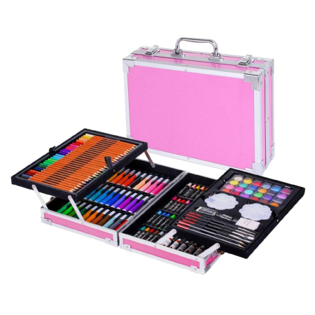 Birotica si Papetarie - Set 145 piese pentru pictura, pentru copii sau adulti, pixuri de colorat, creioane colorate si vopsele de pictura, cu geanta de transport ROZ, model AVX-WT-BLAKE145
