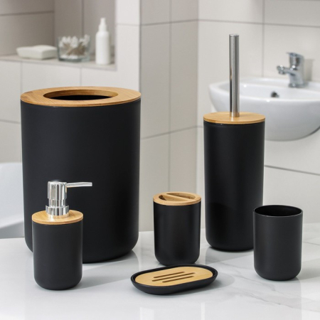 Baie - Bucatarie - Set Elegant pentru baie format din 6 piese, ABS + lemn, culoare negru/maro