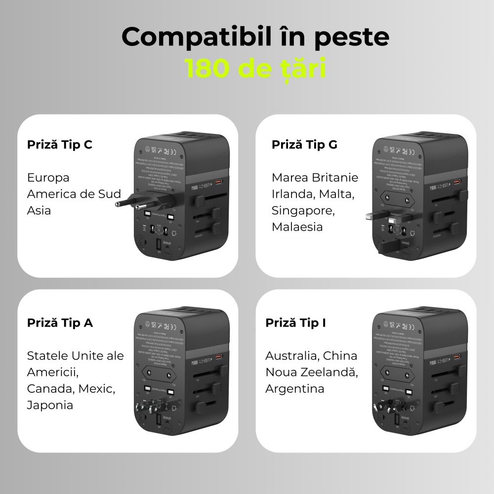 Adaptor universal calatorie 100W – 3x USB-C + 2x USB-A, Negru [4]