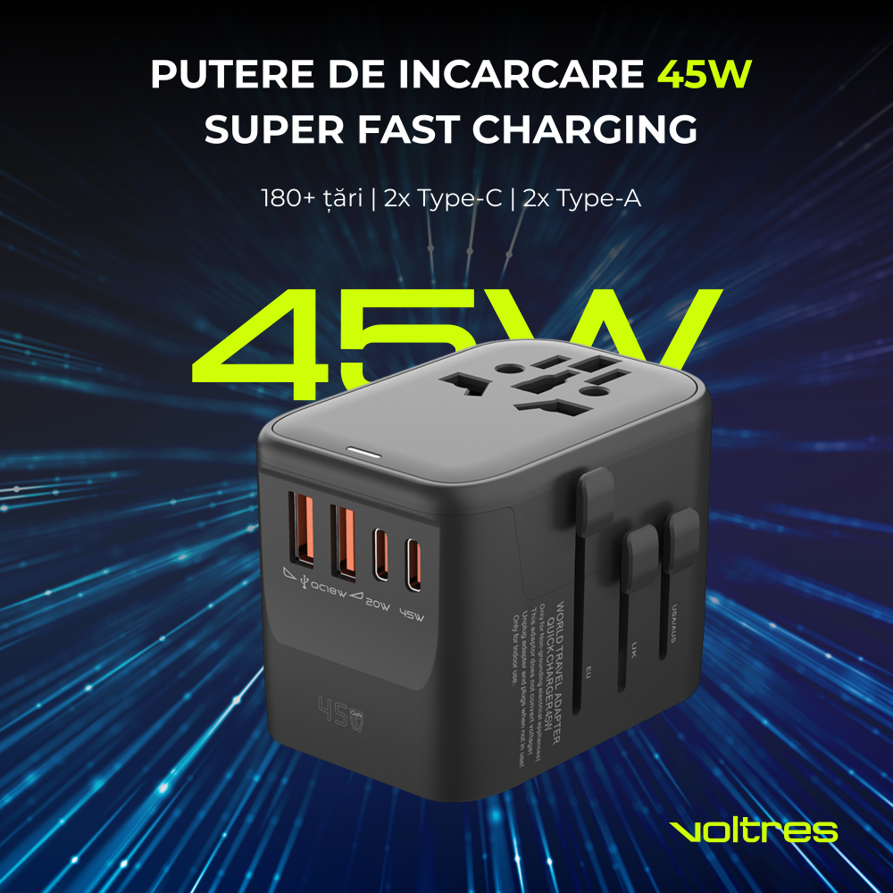 Adaptor universal calatorie 100W – 3x USB-C + 2x USB-A, Negru [2]