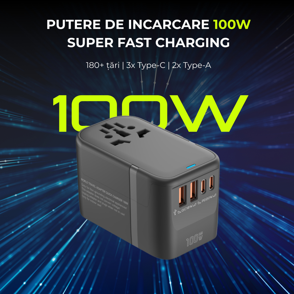 Adaptor universal calatorie 100W – 3x USB-C + 2x USB-A, Negru [2]