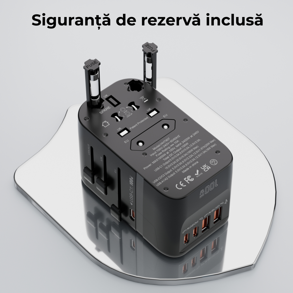 Adaptor universal calatorie 100W – 3x USB-C + 2x USB-A, Negru [6]