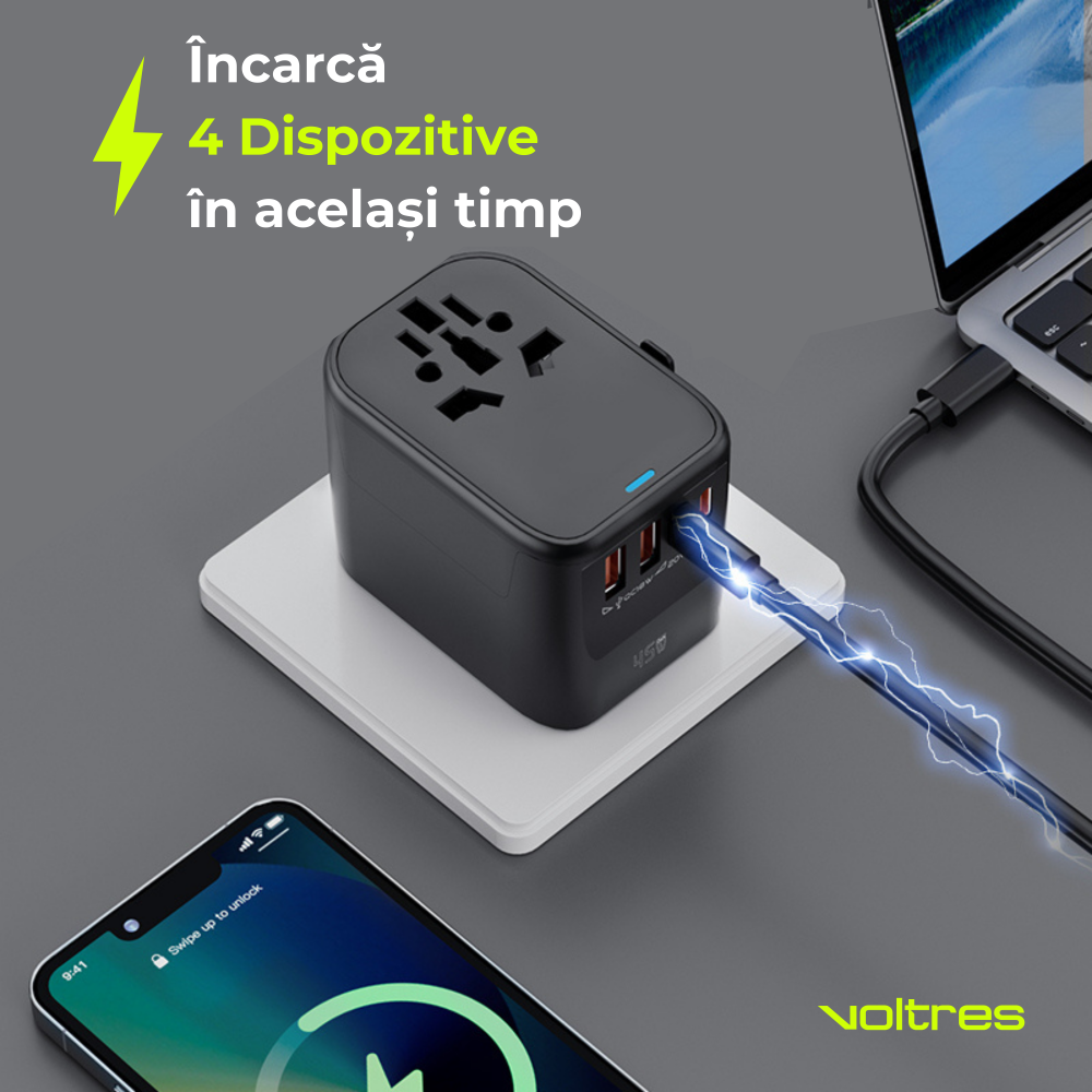 Adaptor universal calatorie 100W – 3x USB-C + 2x USB-A, Negru [3]